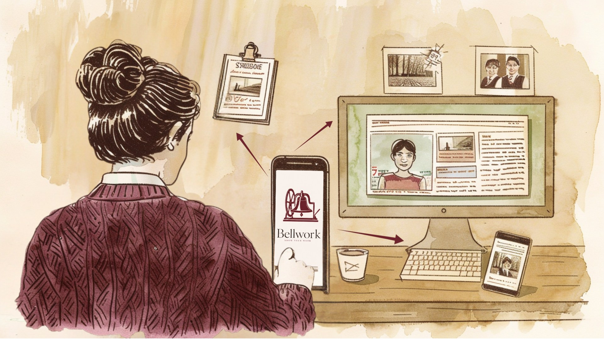 A school communications coordinator holds her phone with the Bellwork app open; arrows fan out from the phone to a printed notice on the wall, a school website on a desktop computer, and a social media feed on a second phone — one piece of news flowing to every channel a school needs.